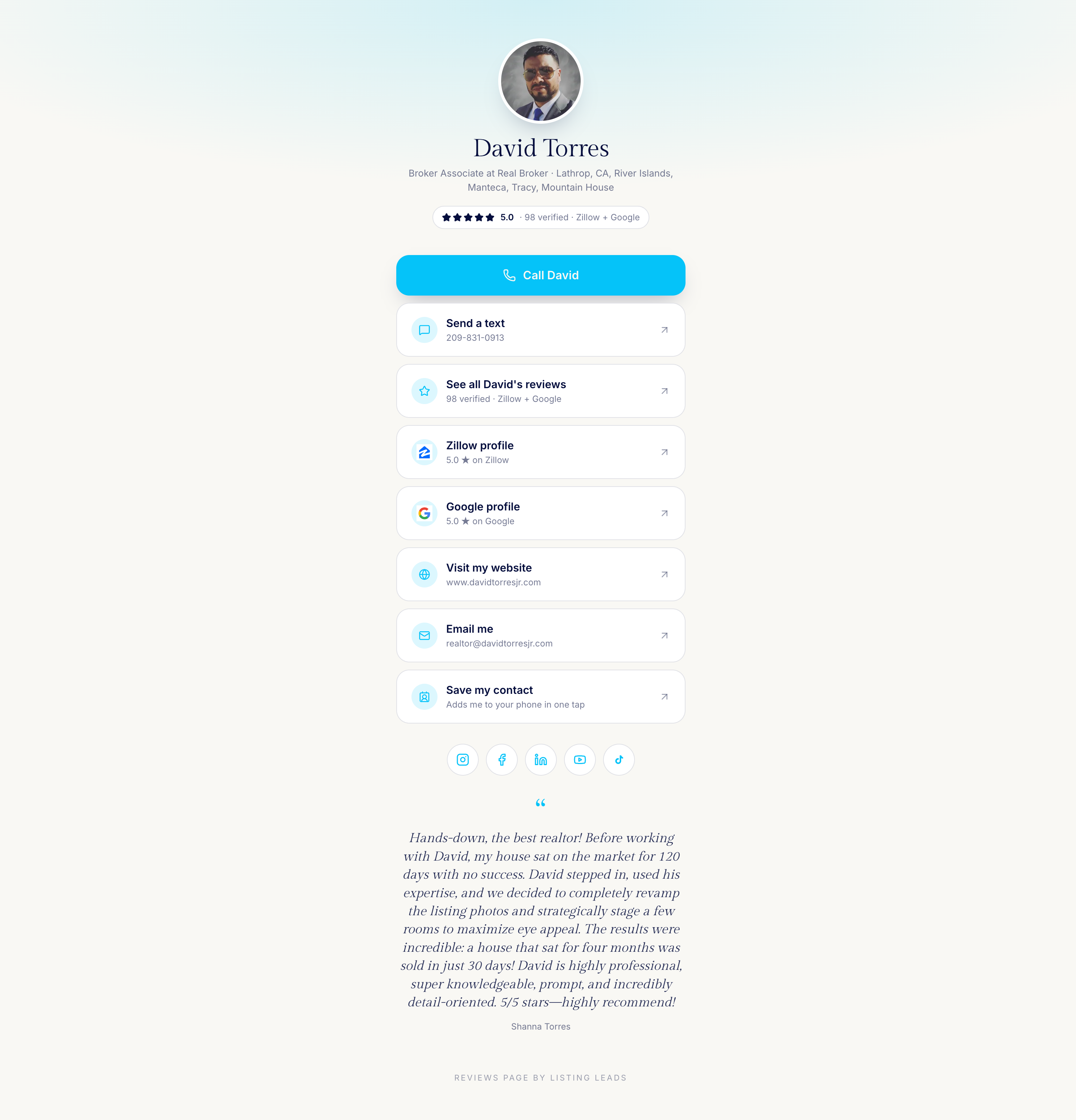 Branded link-in-bio page for a real estate agent, showing call, text, reviews, Zillow, Google, and save-contact actions.