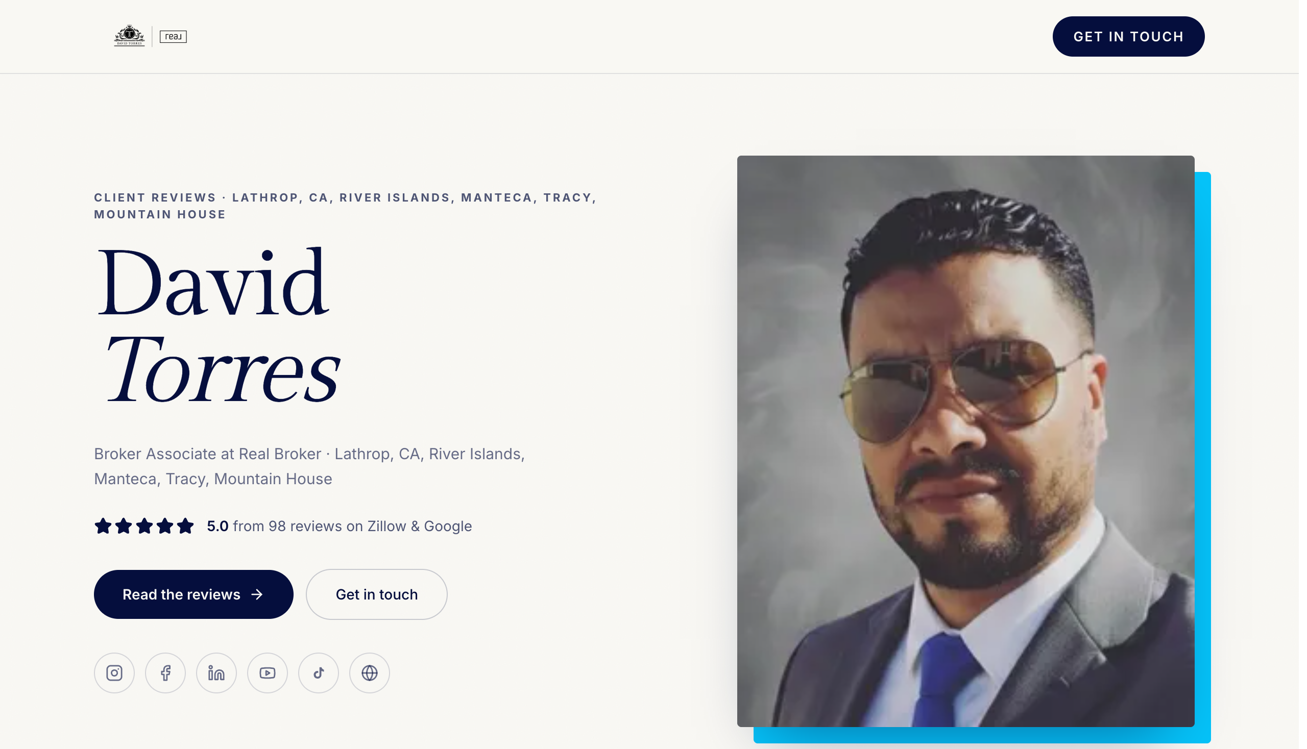 Branded Review Sites public page for a real agent, with stars, reviews, and contact CTAs