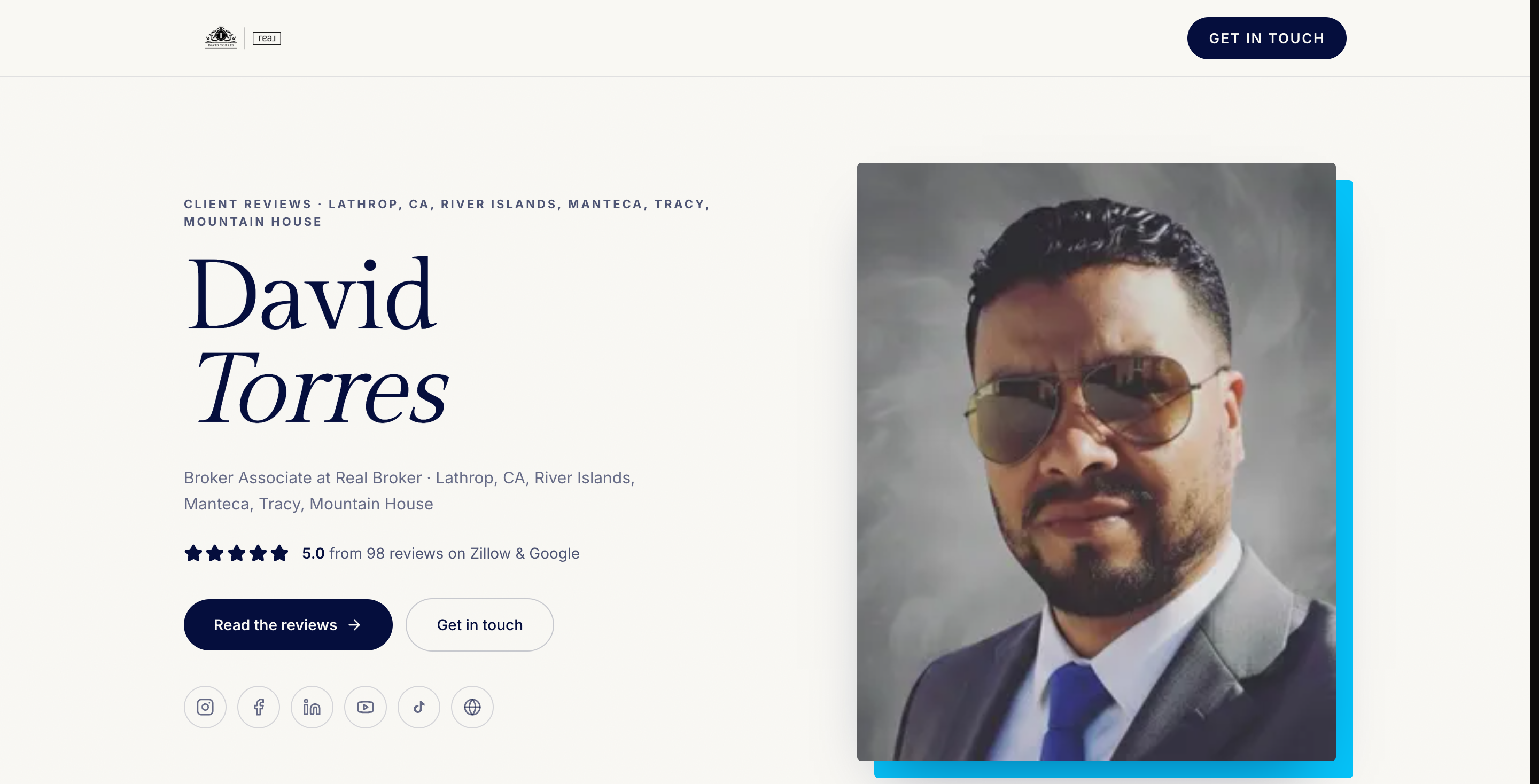 Branded Review Sites: a real agent reviews page with stars and contact CTAs