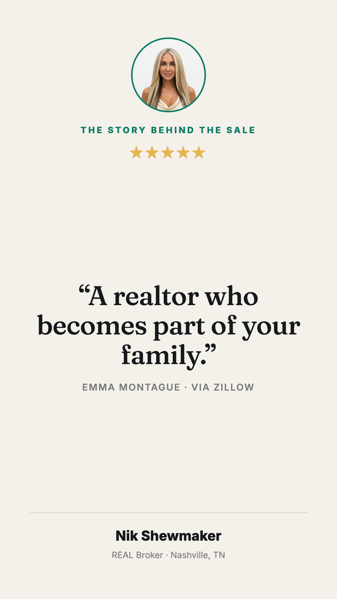A Studio editorial creative titled "THE STORY BEHIND THE SALE" with a circular headshot, a five-star rating, and a verbatim quote from a real client